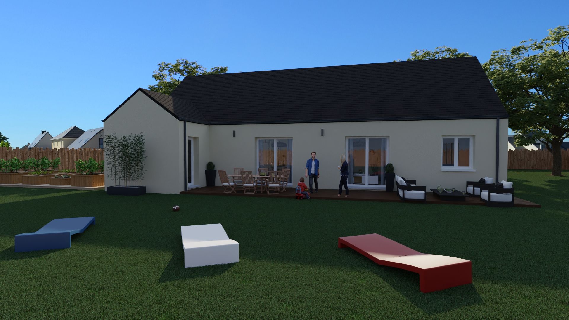 Maison blanche moderne avec toit foncé, mobilier de patio et chaises longues colorées sur une pelouse verte