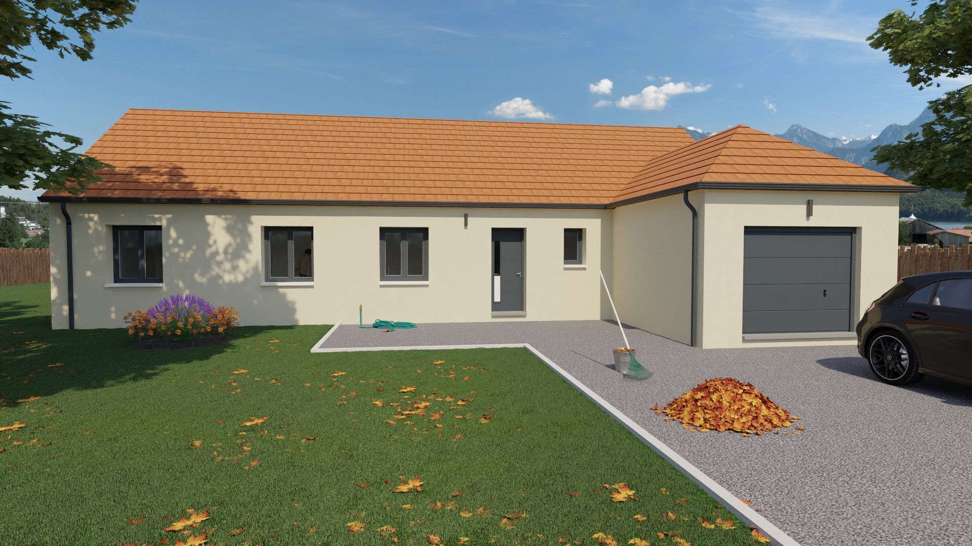 Maison beige de plain-pied avec toit orange, garage, allée de gravier et pelouse sous un ciel bleu.