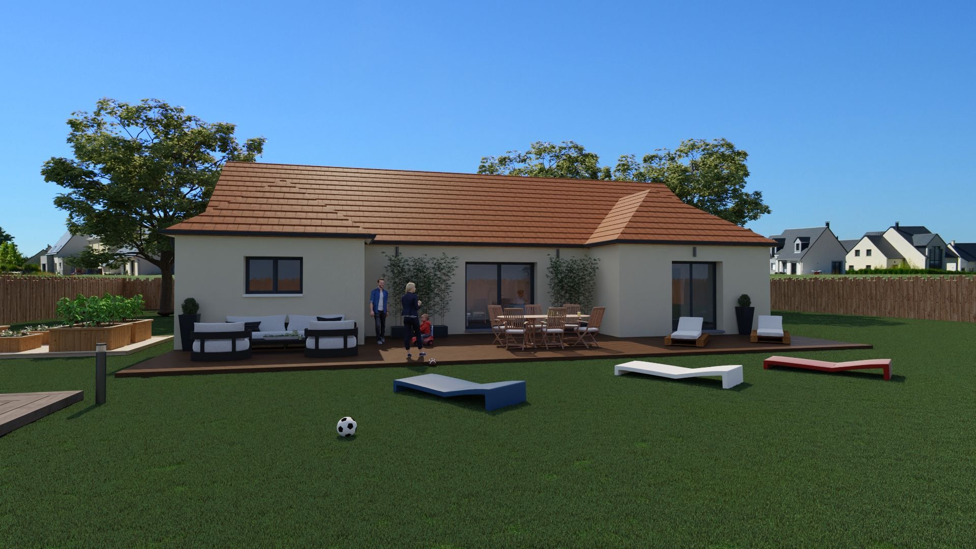Cour arrière avec une maison de plain-pied, pelouse, mobilier de jardin éparpillé et ciel bleu clair
