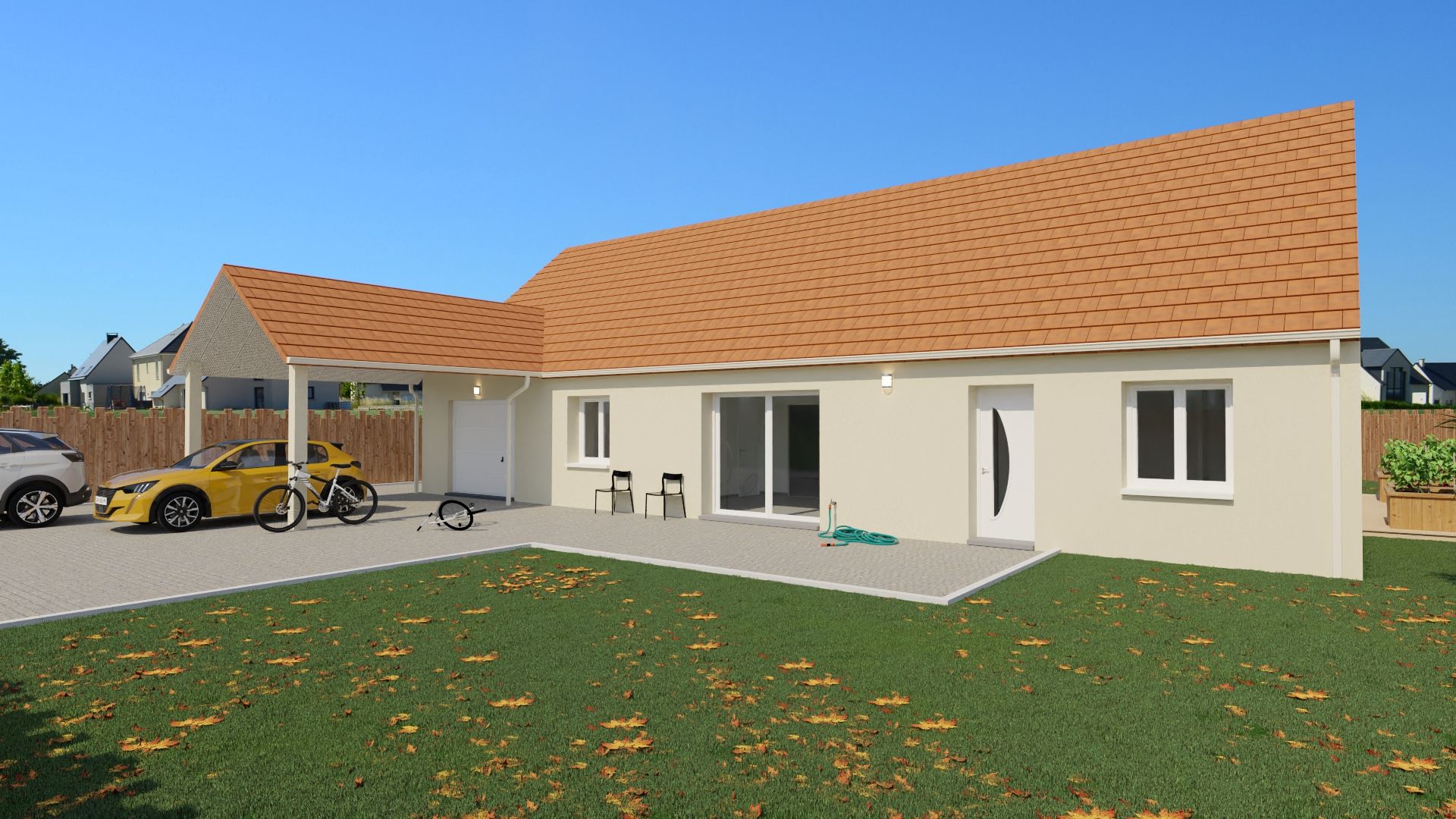 Maison moderne de plain-pied avec toit de tuiles orange, patio et jardin gazonné ; voitures garées à gauche.