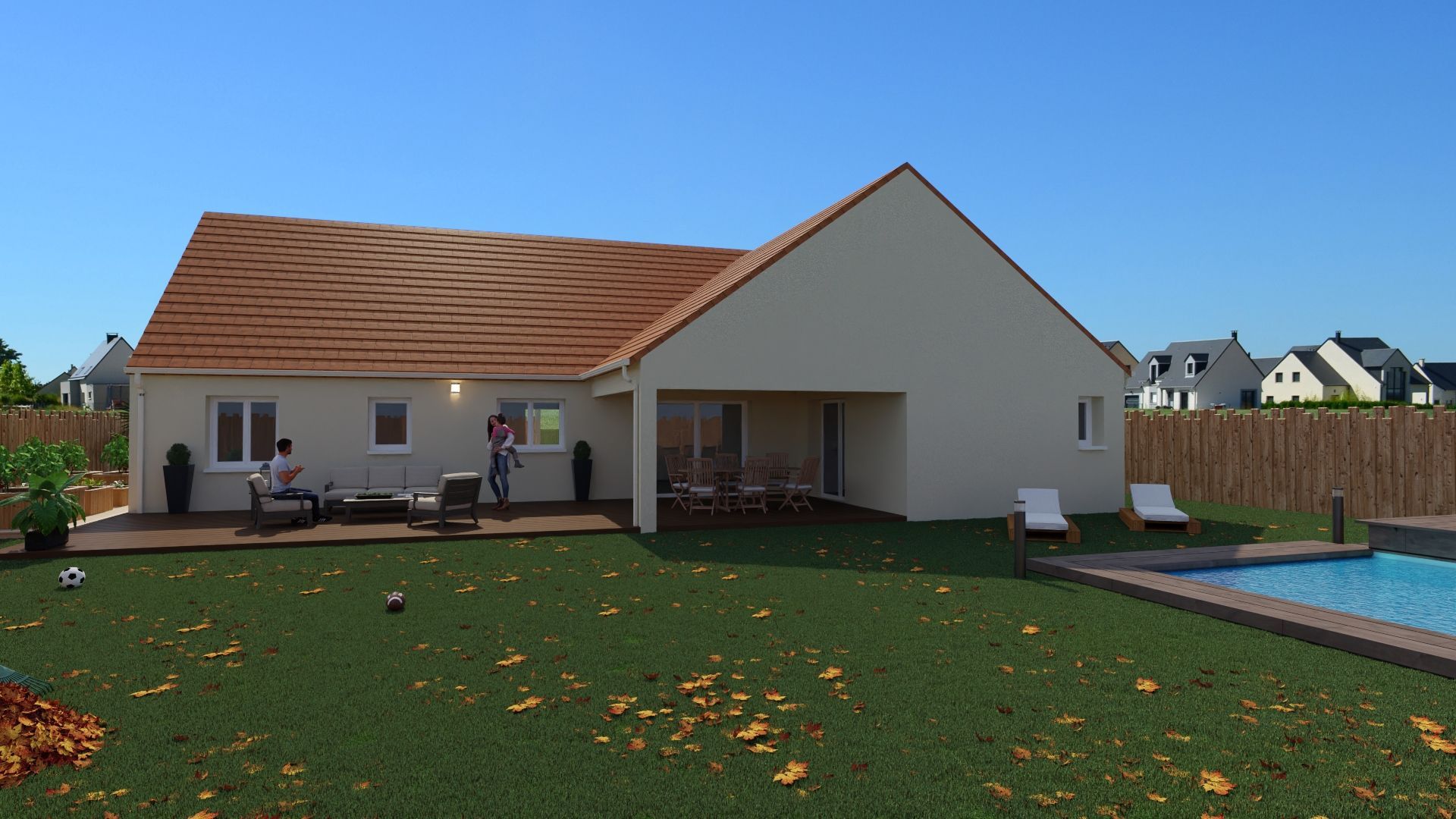 Maison de plain-pied avec un toit beige, une terrasse couverte, une pelouse verte et une piscine sous un ciel bleu.