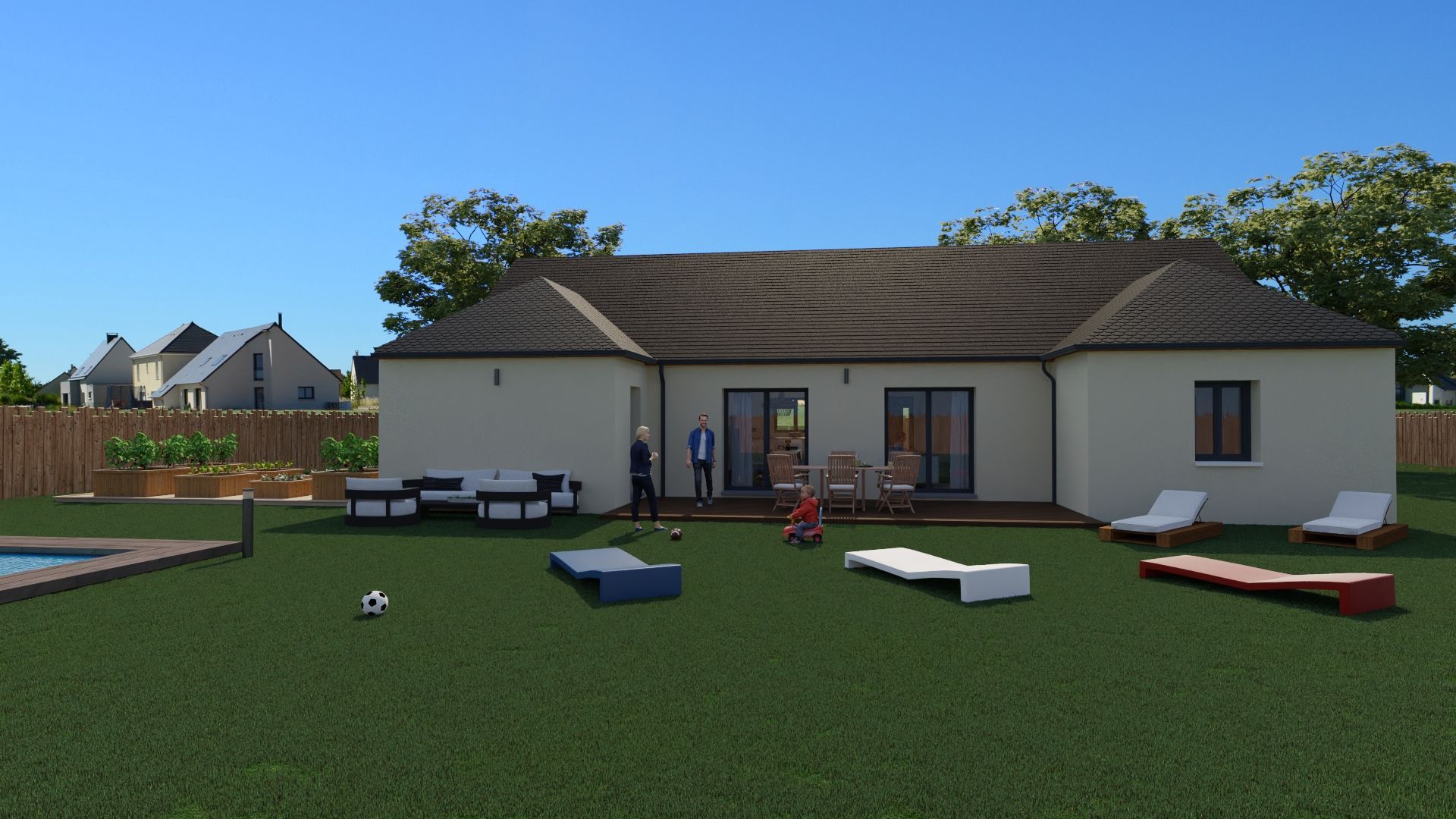 Jardin avec une maison de plain-pied, une terrasse et des chaises longues éparpillées sur une pelouse verte.