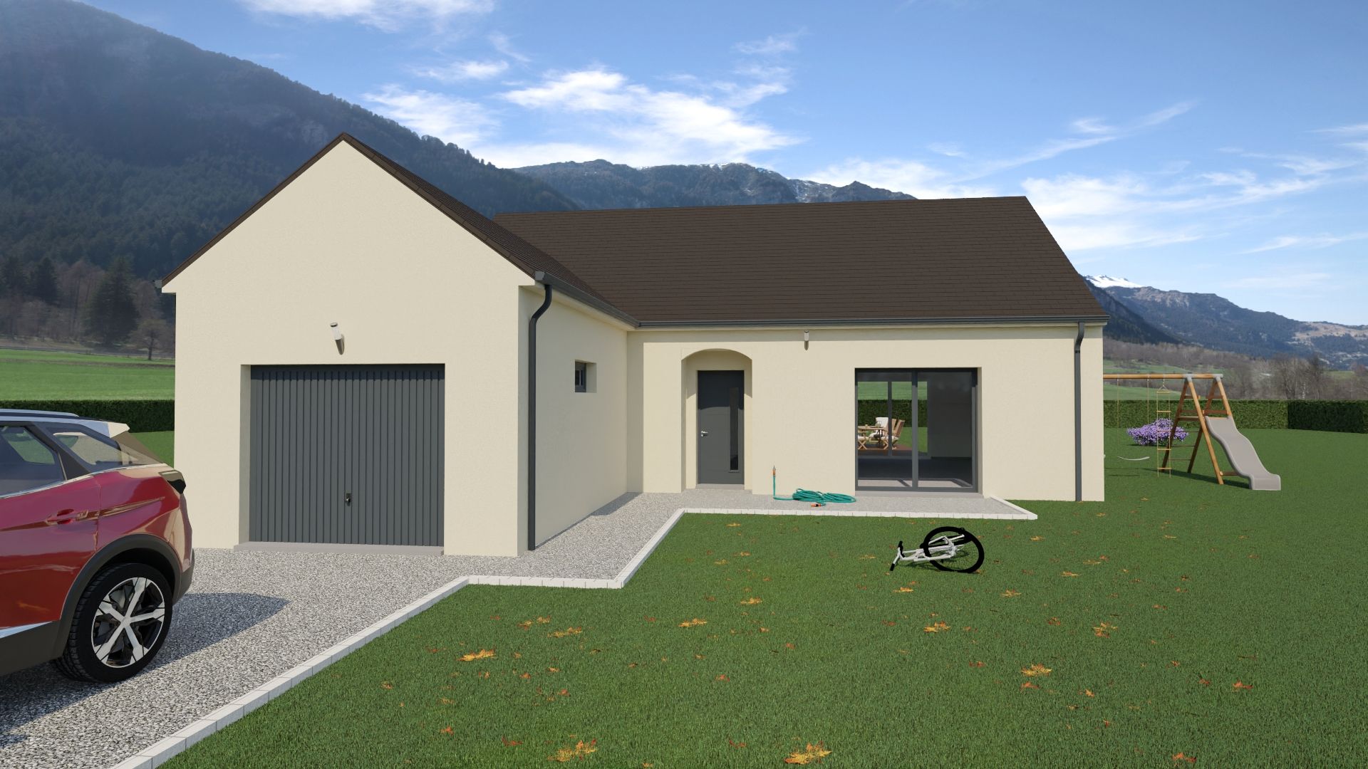 Maison beige moderne avec garage, pelouse verte, voiture garée, montagnes en arrière-plan