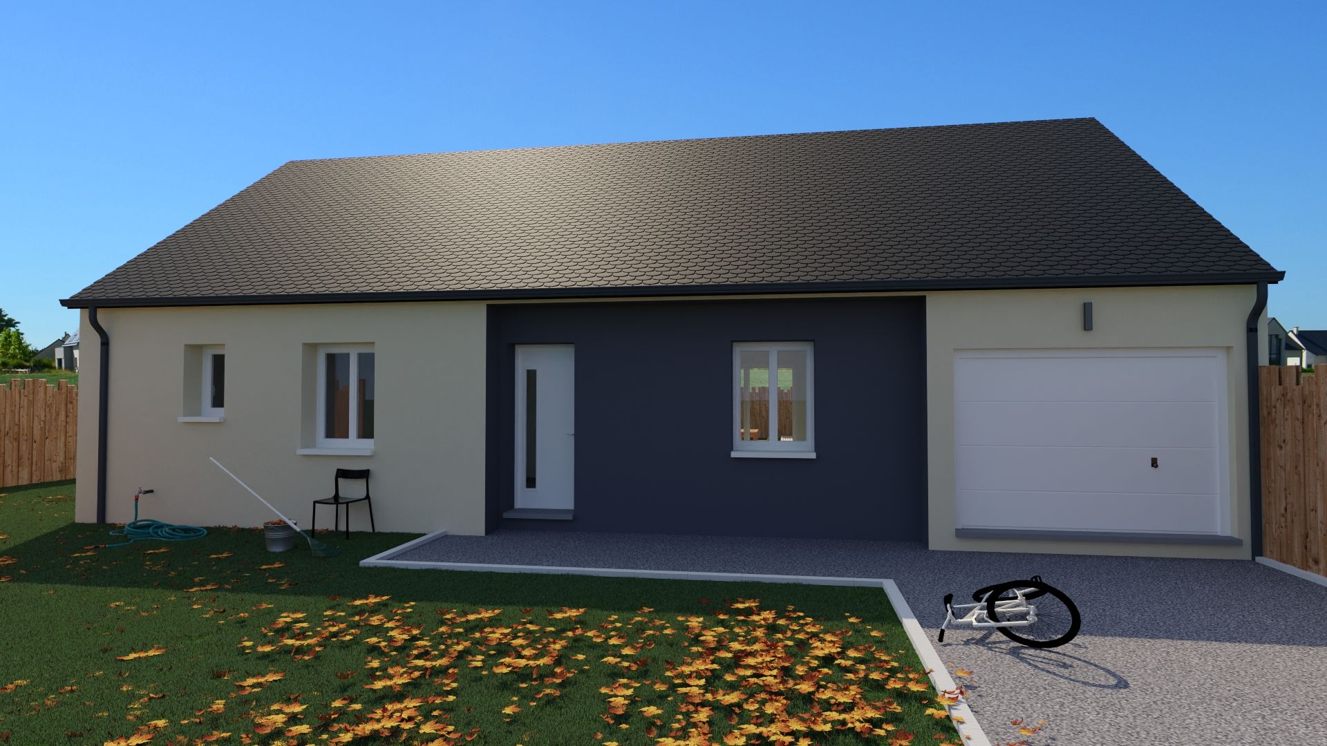 Modern single-story house with a dark roof, white garage, gray front wall, and a bicycle on the driveway