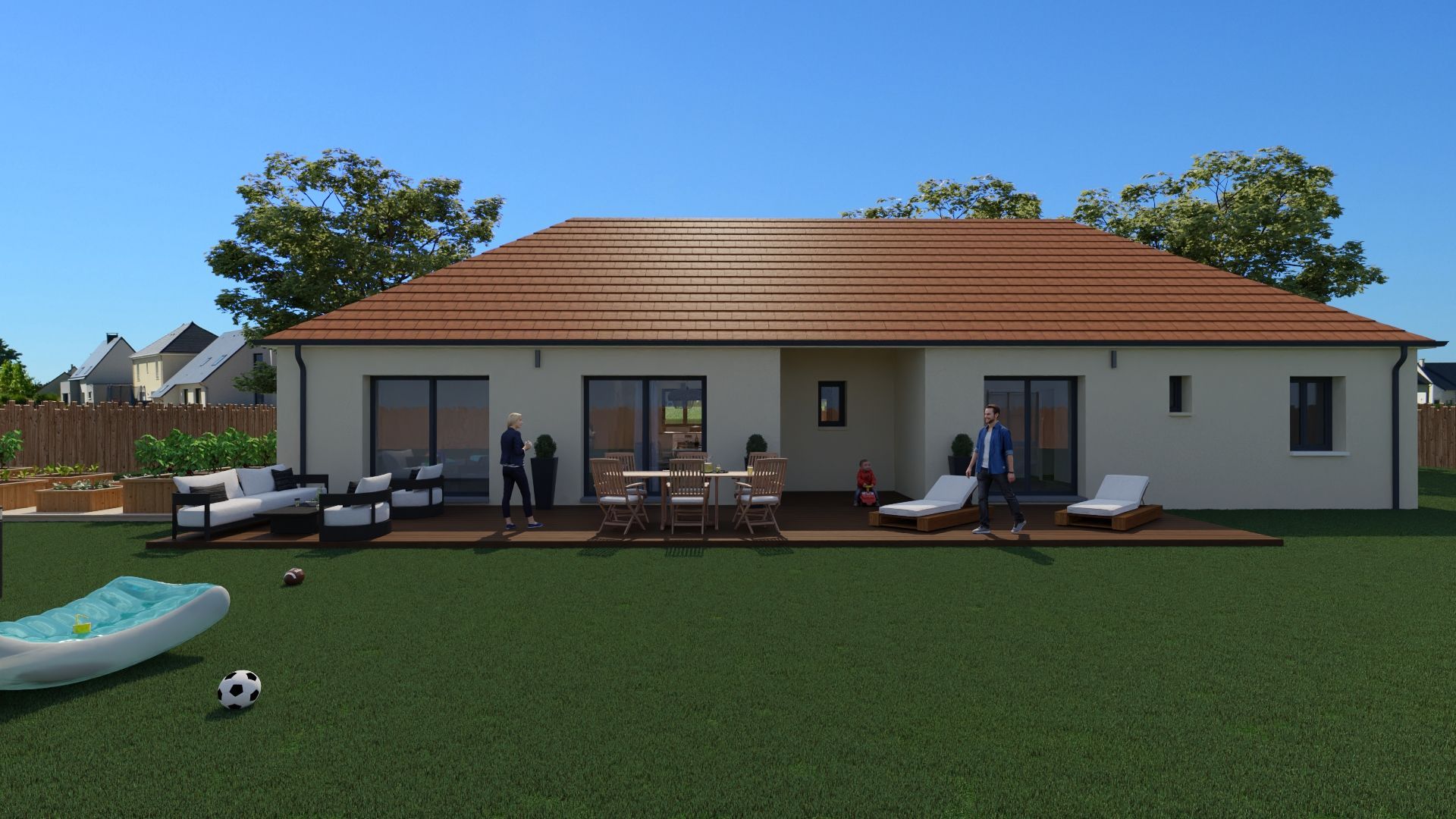 Maison moderne de plain-pied avec un toit rouge, une terrasse aménagée et des personnes se détendant dans un jardin gazonné.