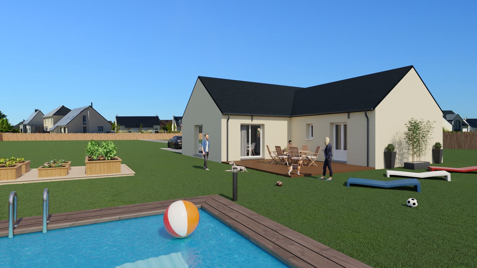 Terrasse arrière avec une maison beige, une piscine, une pelouse, des chaises longues et un ballon de plage près de l'eau.