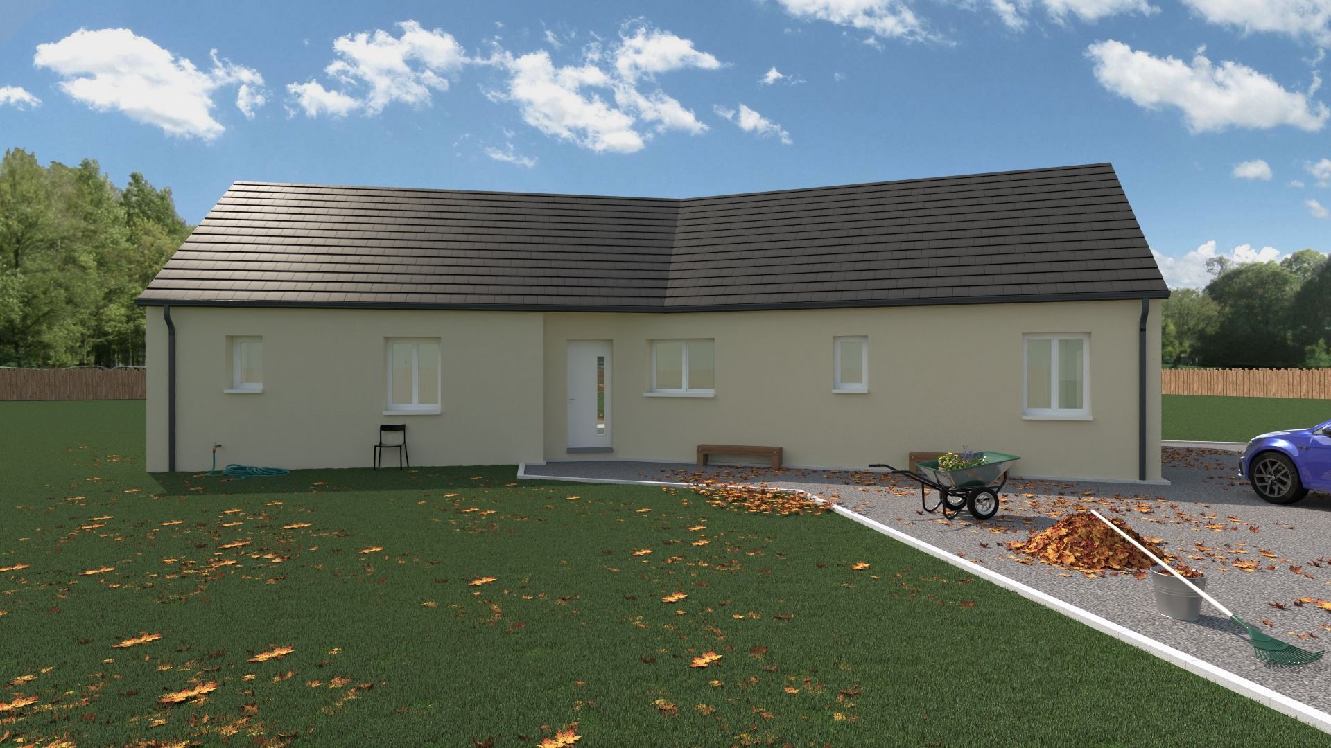 Maison beige de plain-pied avec un toit foncé, un petit porche et une allée en pente donnant sur un jardin gazonné.