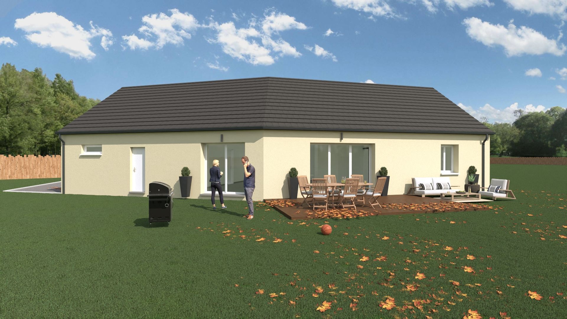Maison de plain-pied avec mobilier de jardin et personnes dans un jardin verdoyant sous un ciel nuageux