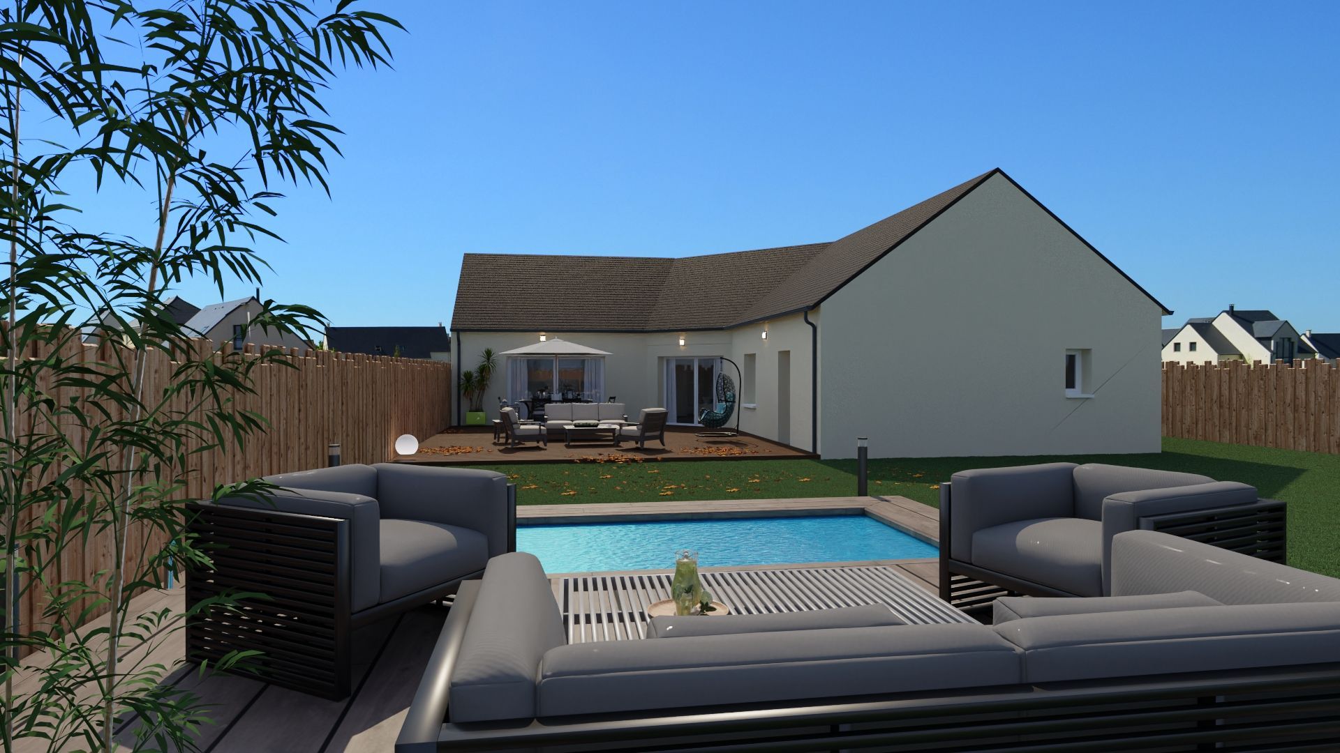 Terrasse arrière avec piscine, chaises longues et maison moderne sous un ciel bleu azur.