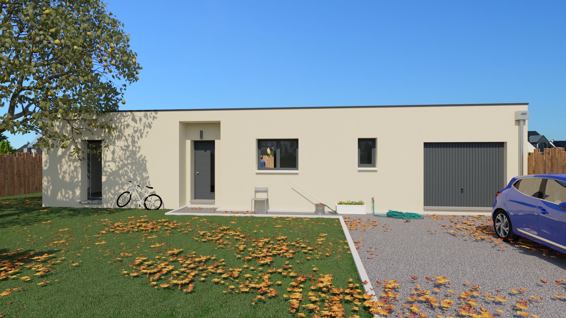 Maison moderne de plain-pied avec pelouse devant, allée en gravier et voiture bleue garée à droite.