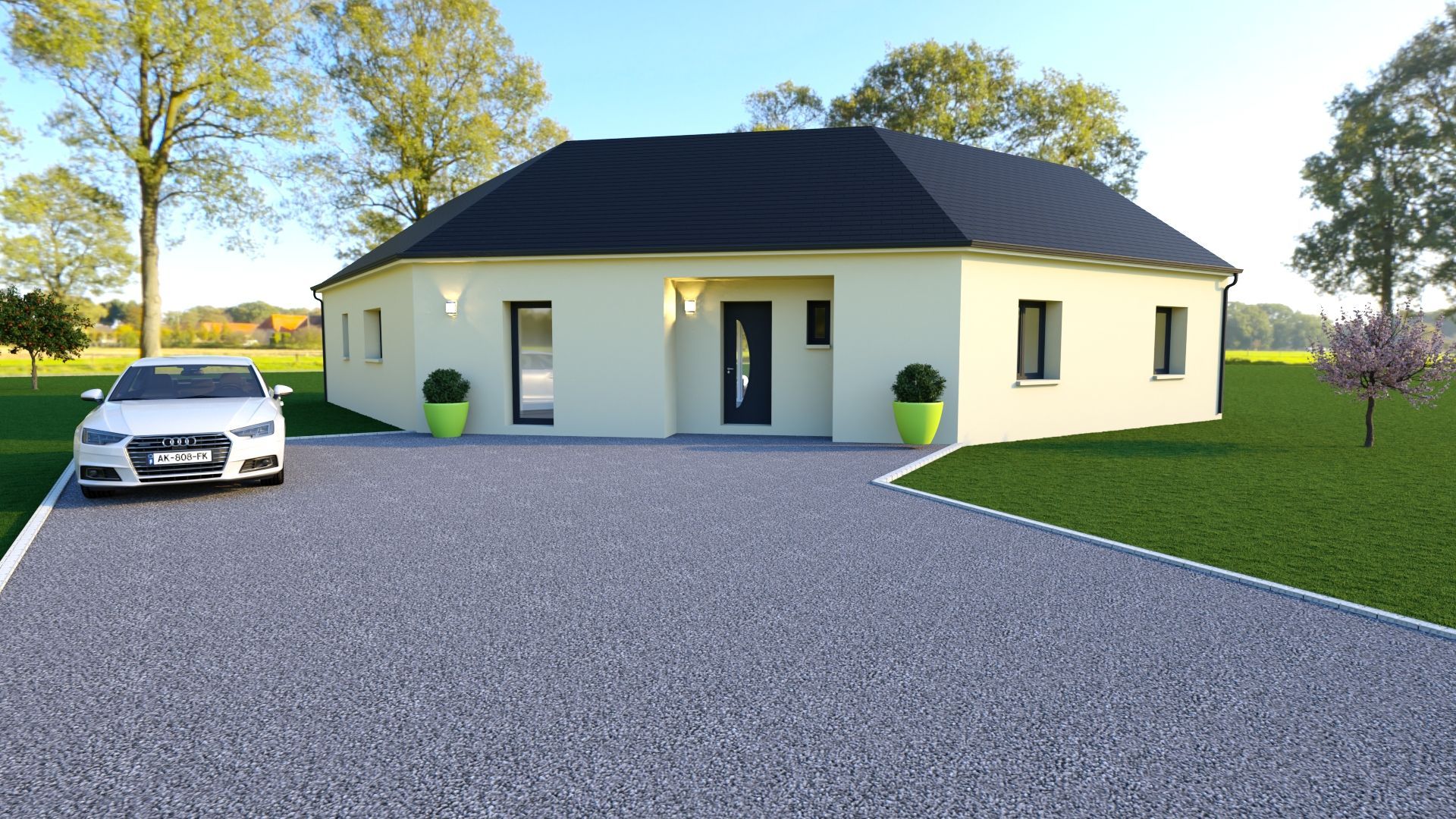 Maison moderne de plain-pied avec toit foncé, voiture blanche dans l'allée et pelouse verte baignée de soleil.