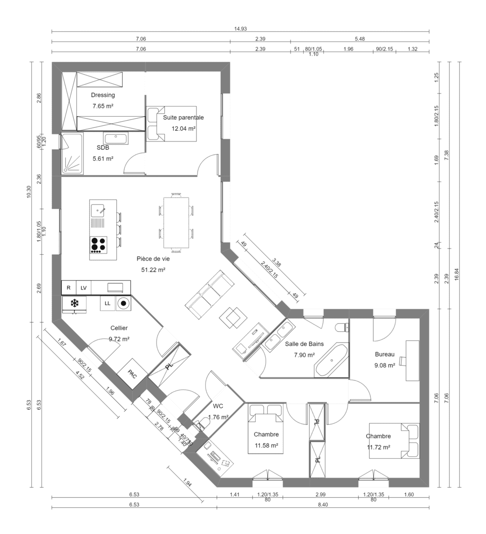 Plan architectural avec pièces, murs, portes et dimensions indiqués sur fond blanc