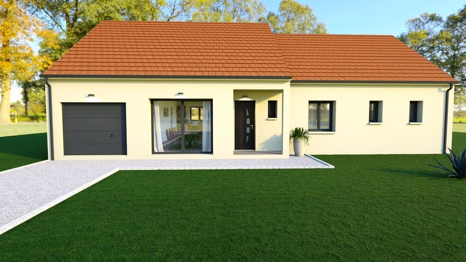 Maison de plain-pied couleur crème avec toit rouge, garage, allée d'entrée et pelouse verte par une journée ensoleillée