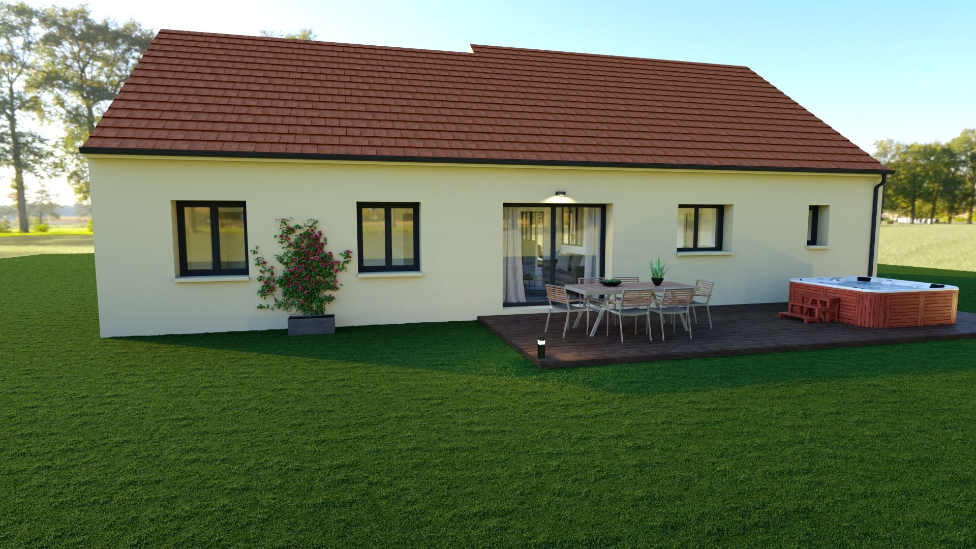 Maison de plain-pied avec toit rouge, mobilier de terrasse et jacuzzi sur une pelouse verdoyante.