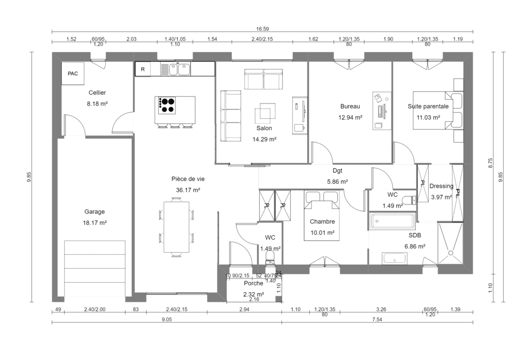 Plan architectural en noir et blanc avec pièces et dimensions indiquées.