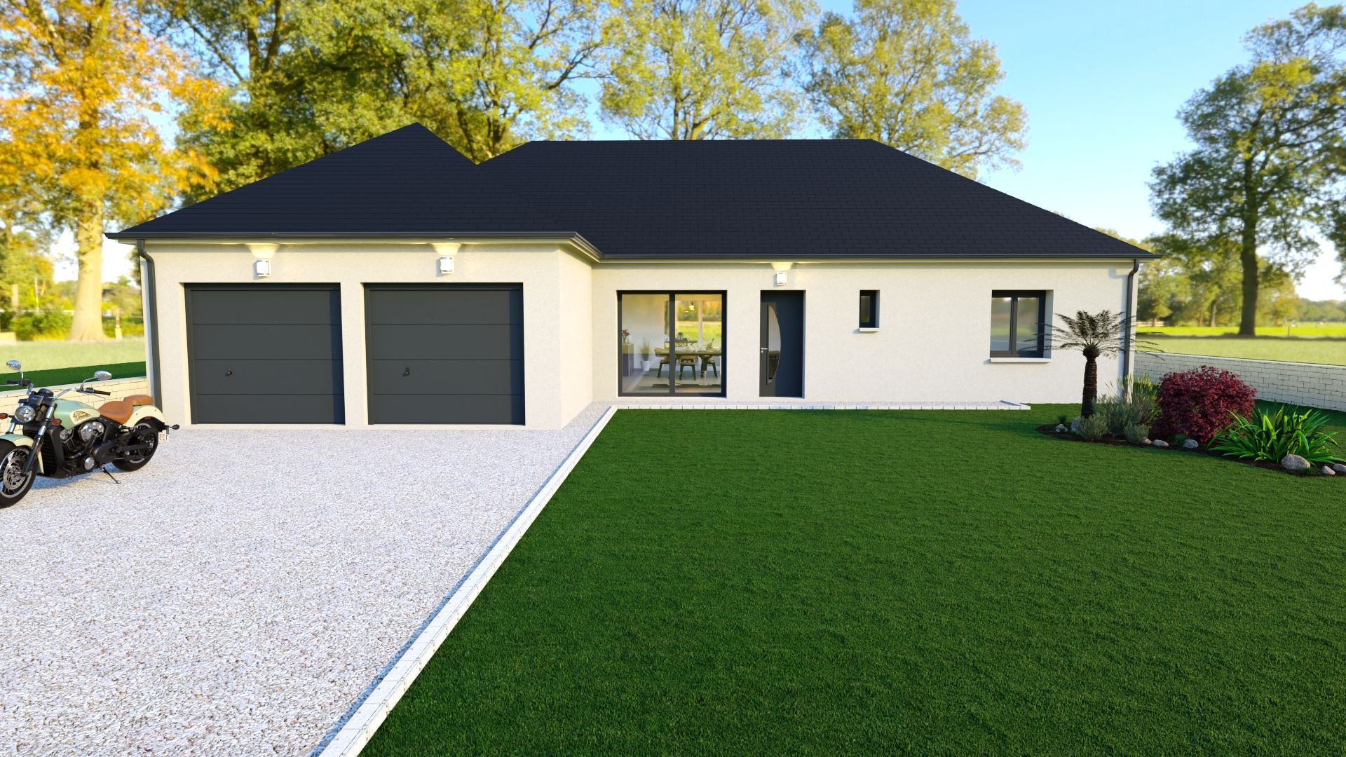 Maison moderne de plain-pied avec toit noir, garage double, allée en gravier blanc et pelouse verte.