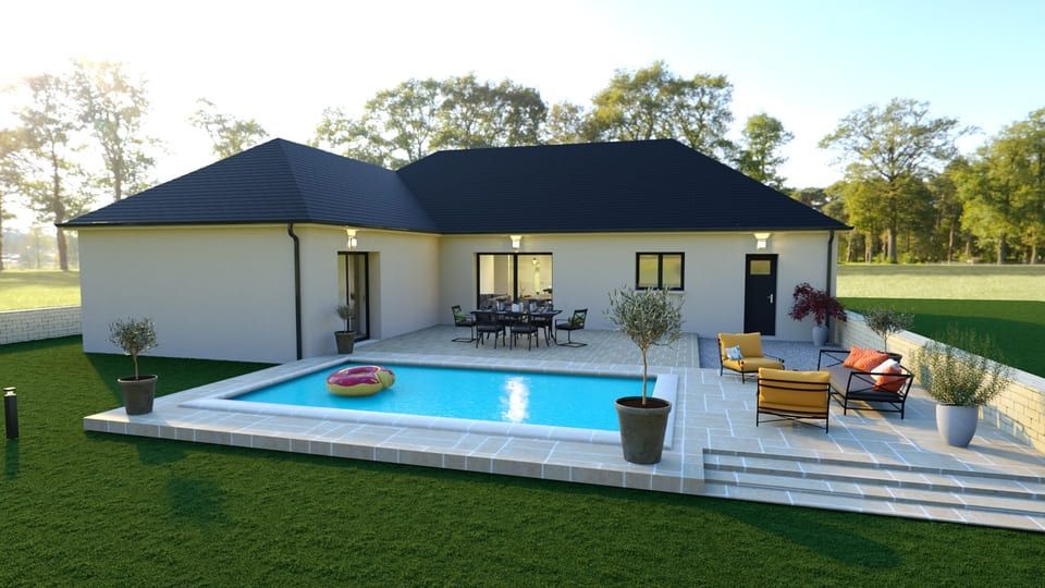 Cour arrière moderne avec une petite piscine, un patio et une maison de plain-pied au coucher du soleil