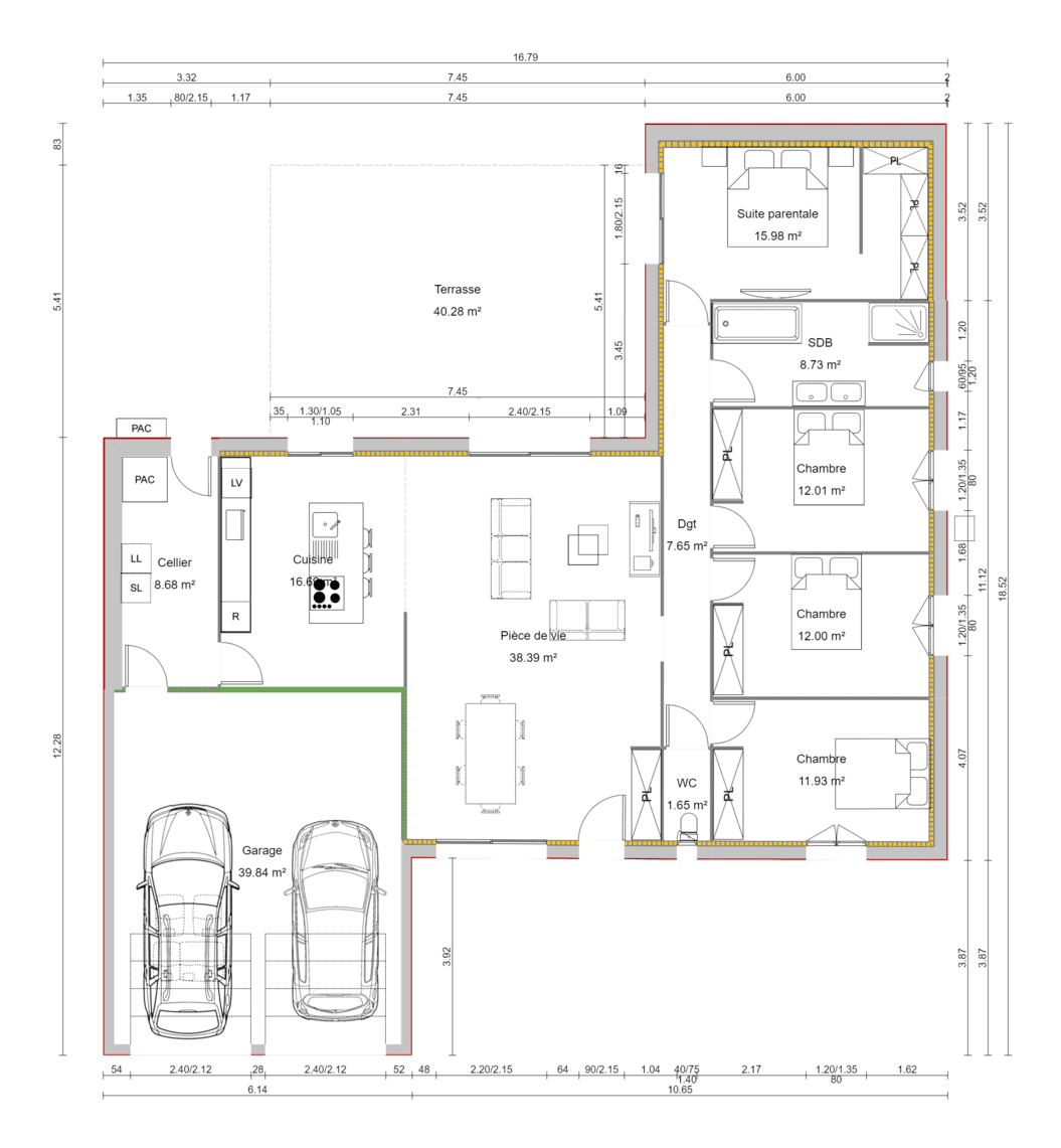 Plan architectural d'une maison avec garage, espaces de vie et chambres, délimités en noir et marron.