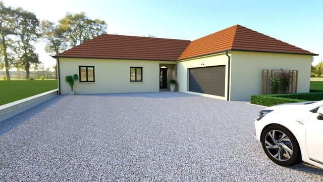 Maison de plain-pied avec toit rouge, grande allée de gravier et voiture blanche garée en bordure du cadre.