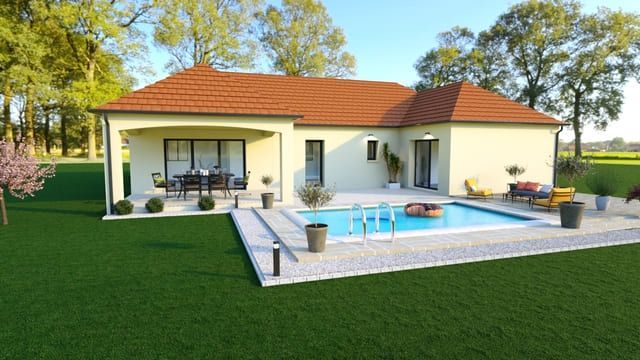 Maison moderne avec toit rouge, terrasse à l'arrière et piscine entourée de pelouse et d'arbres.