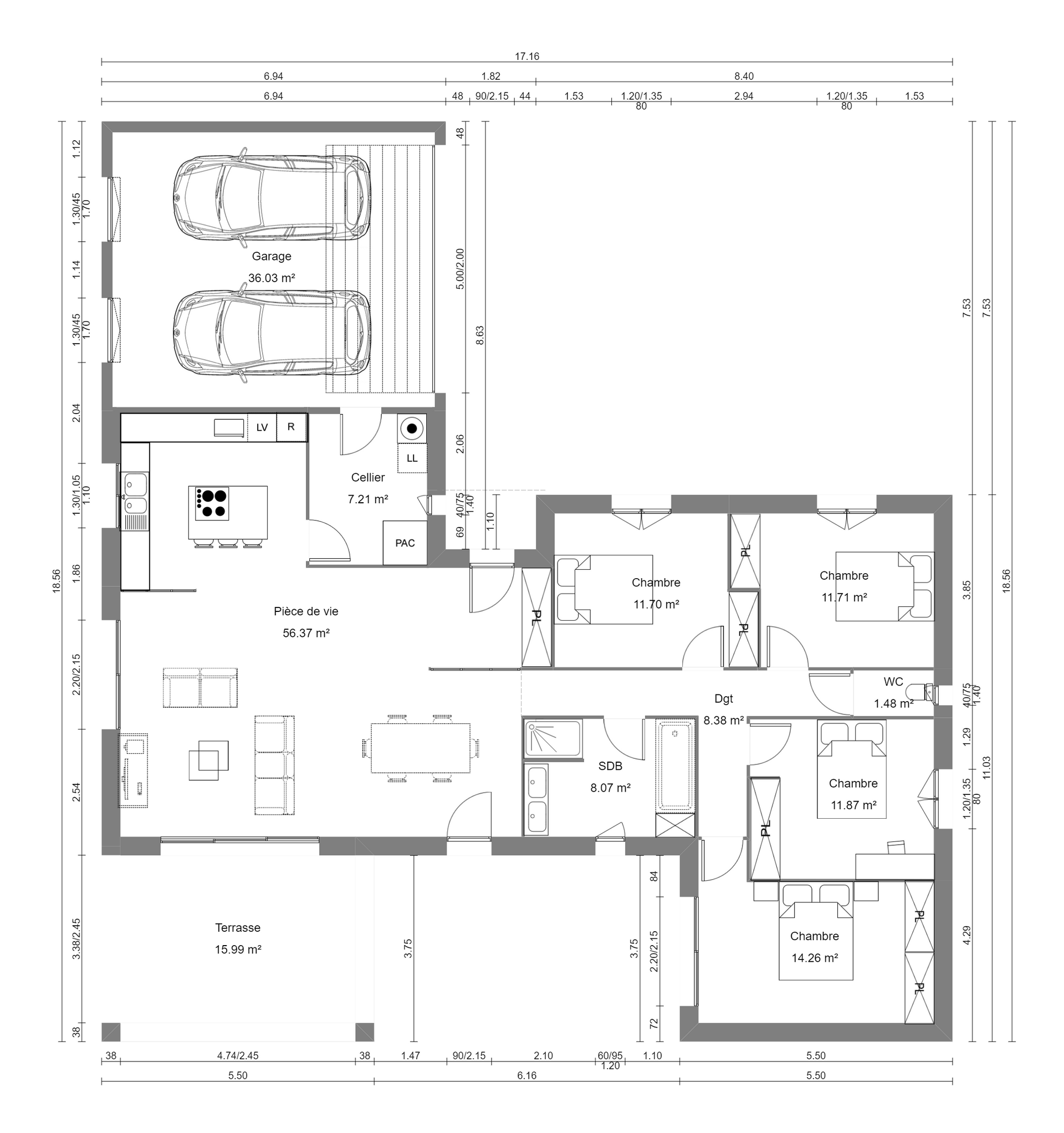 Plan architectural en noir et blanc d'une maison comportant plusieurs pièces, un garage et des couloirs.