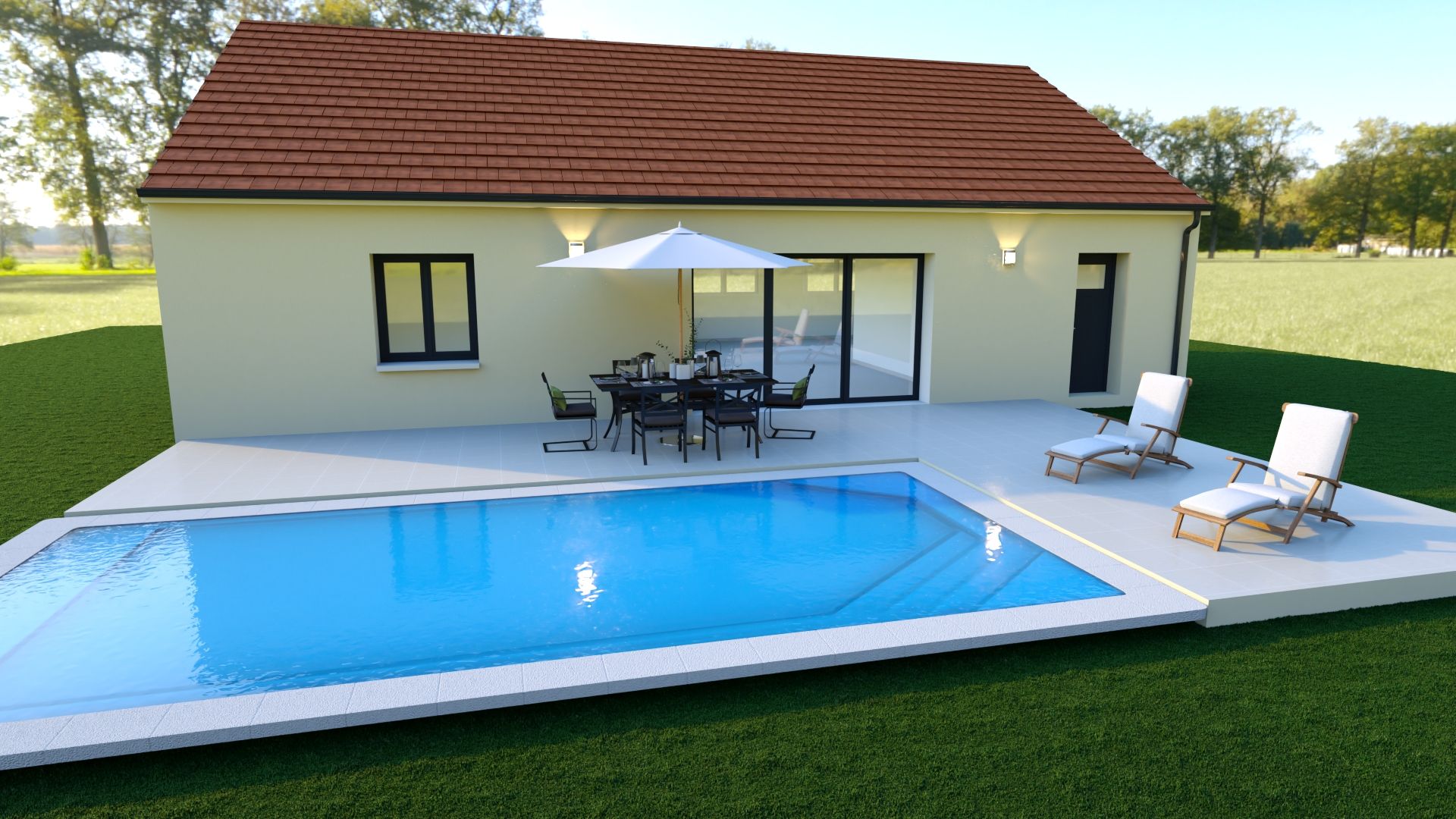 Maison moderne avec piscine à l'arrière, ensemble de salle à manger de patio, parasol et chaises longues sur la terrasse.