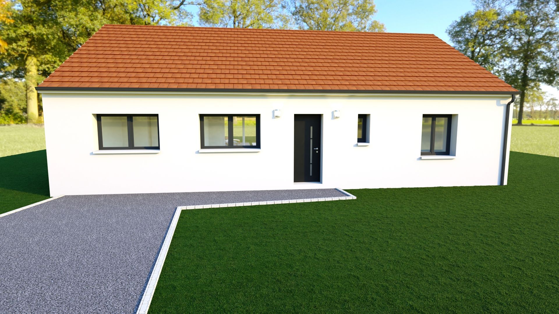 Maison blanche au toit de tuiles rouges, porte d'entrée noire et allée de gravier dans un jardin gazonné.