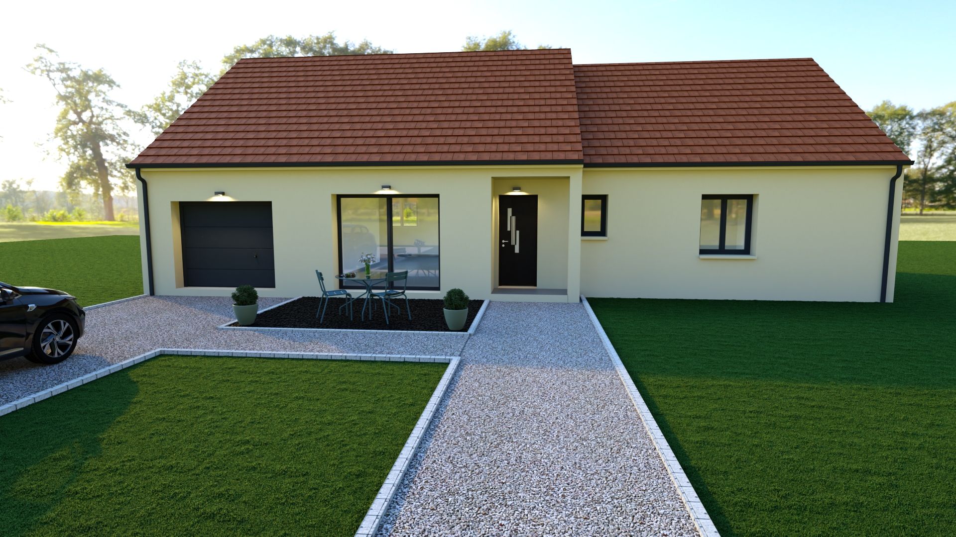 Maison beige de plain-pied avec toit rouge, patio à l'avant et allée de gravier menant à une pelouse verte.