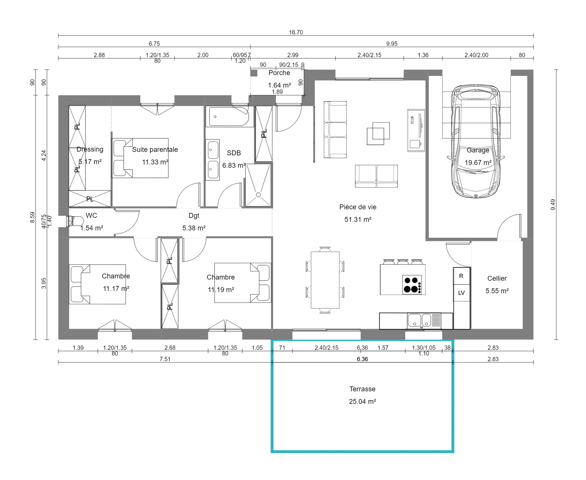 Plan d'une maison en noir et blanc avec les pièces, le garage et la terrasse indiqués.