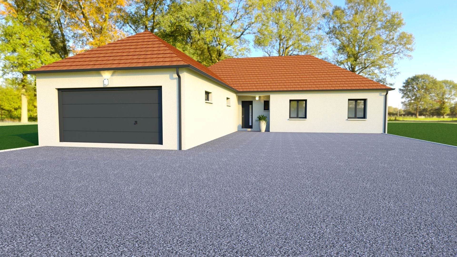 Maison moderne de plain-pied avec porte de garage noire, toit rouge et allée en gravier.