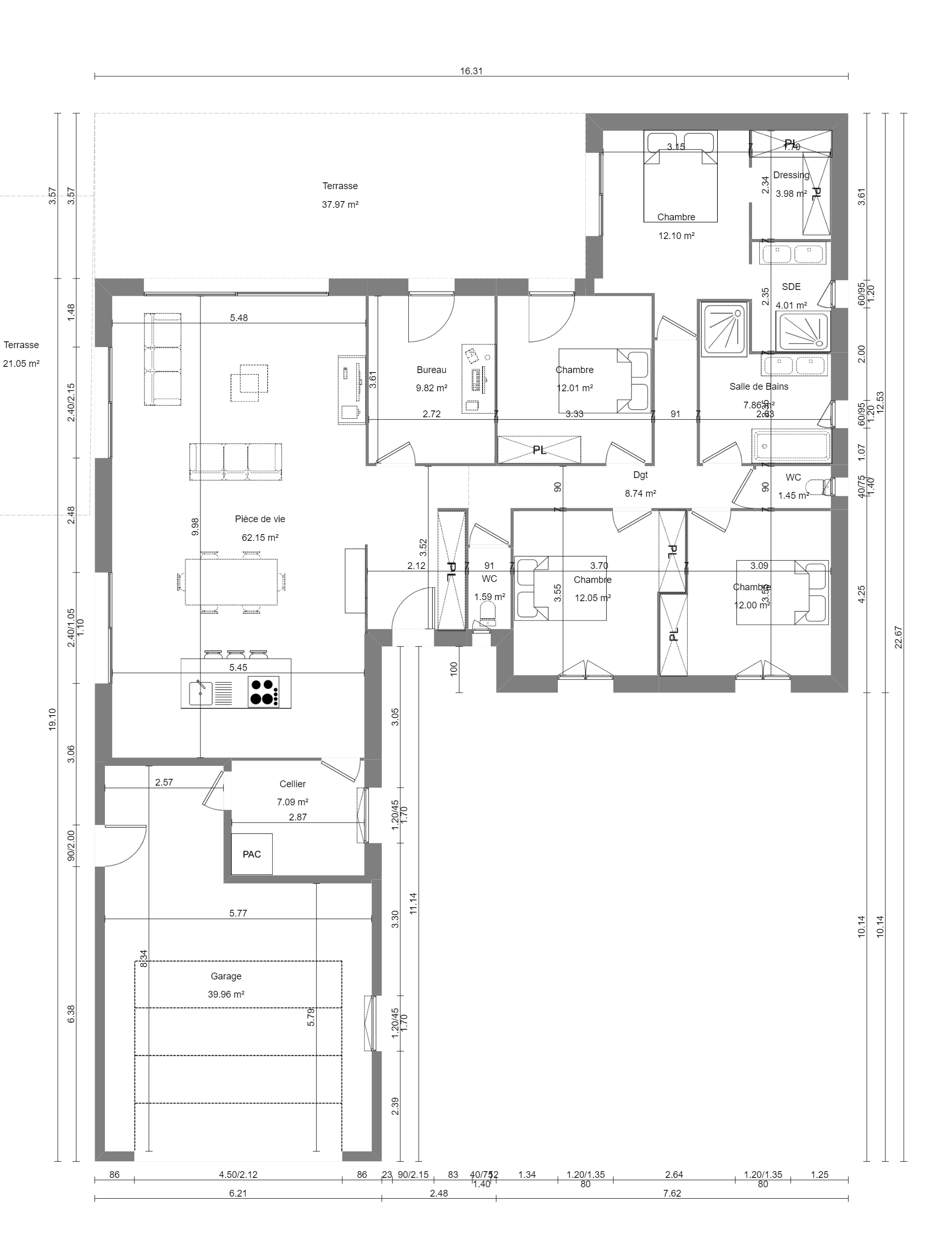 Plan architectural en noir et blanc avec plusieurs pièces, couloirs et dimensions.