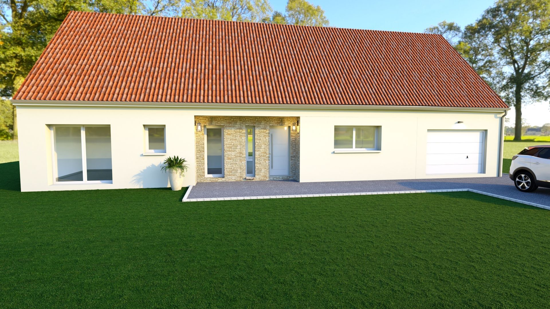 Maison blanche de plain-pied avec toit rouge, pelouse à l'avant, entrée centrale et garage attenant.