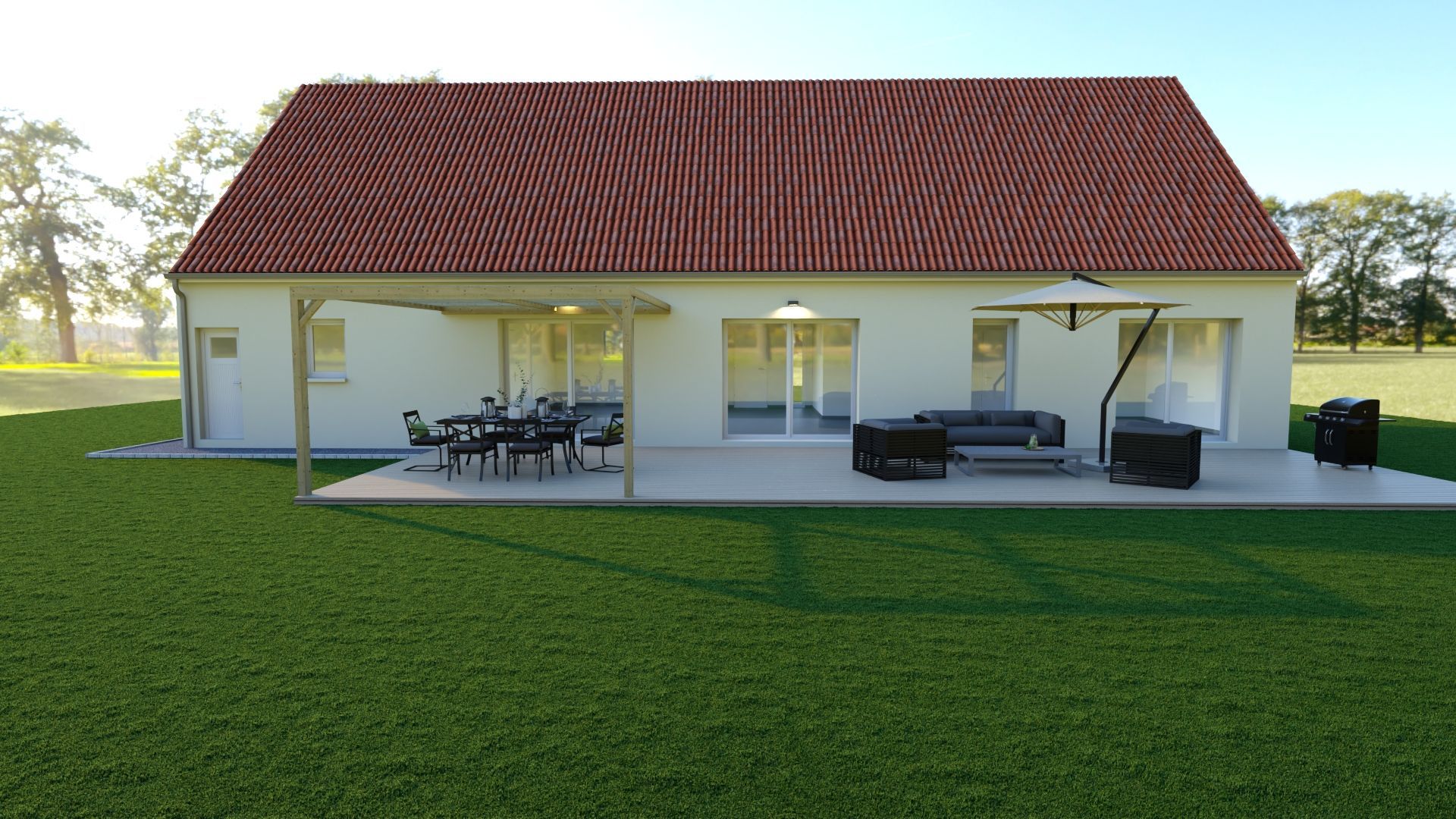 Maison de plain-pied avec toit rouge, murs blancs et patio avec sièges extérieurs donnant sur une pelouse.