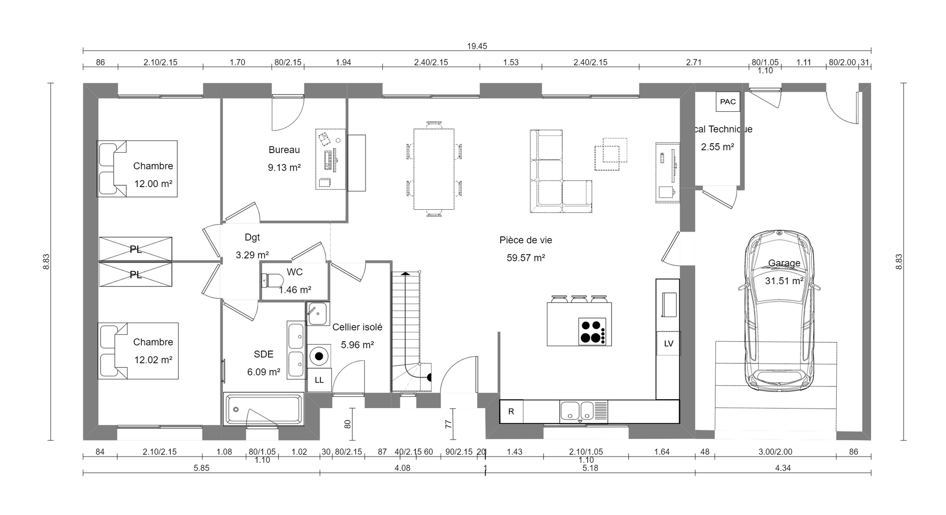 Plan d'intérieur d'une maison moderne avec pièces identifiées, disposition des meubles et garage attenant.