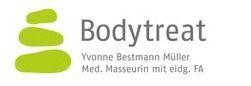 Logo für Bodytreat: drei übereinander gestapelte hellgrüne Steine ​​neben dem Text 