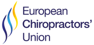 Das Logo der Europäischen Chiropraktiker-Union, bestehend aus drei vertikalen, flammenartigen Schwüngen in Blau, Türkis und Gelb.