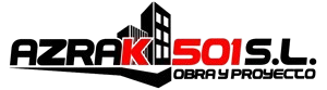 Logo with "AZRAK 501 S.L." and a building graphic, "OBRA Y PROYECTO" beneath.