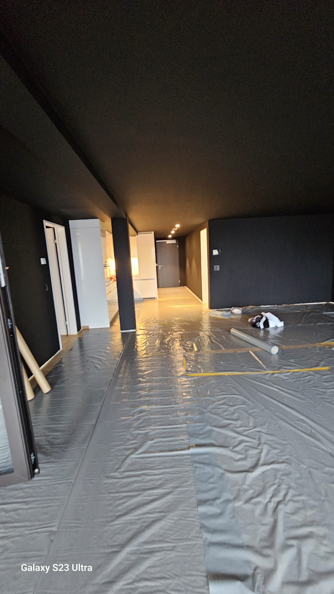 Zwei Personen streichen eine Wand in einem Innenraum grün. Eimer, Farbrollen und eine Leiter sind zu sehen.