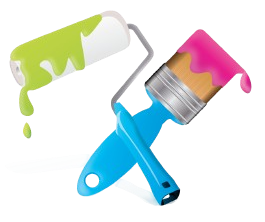 Farbrolle mit grüner Farbe und Pinsel mit rosa Farbe kreuzen sich auf weißem Grund.