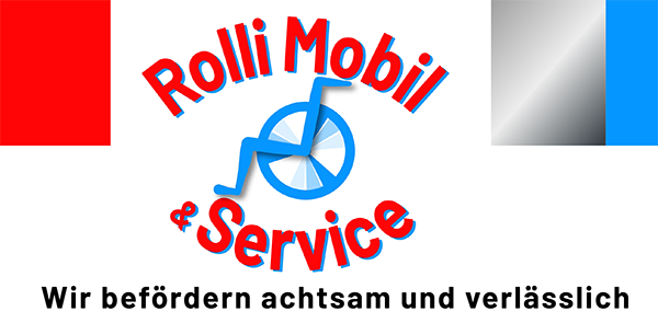 Logo für Rolli Mobil & Service mit einem blauen Rollstuhlsymbol, rotem Text und einem roten und blau/grau abgestuften Hintergrund.