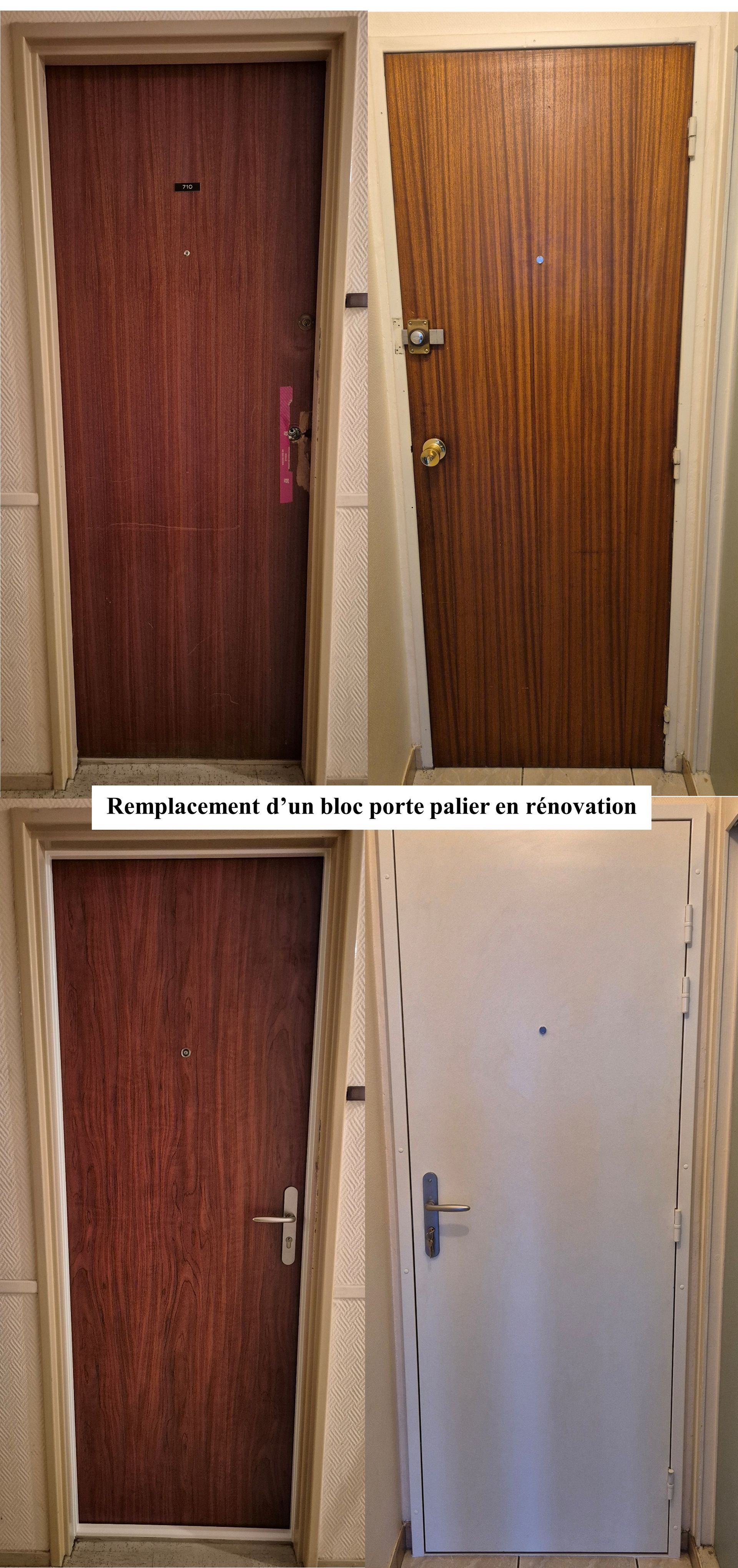 Quatre portes : deux brunes et deux blanches, illustrant l'avant et l'après rénovation.