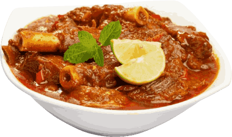 Eine Schüssel Fleischeintopf mit einer Zitronenscheibe darauf.