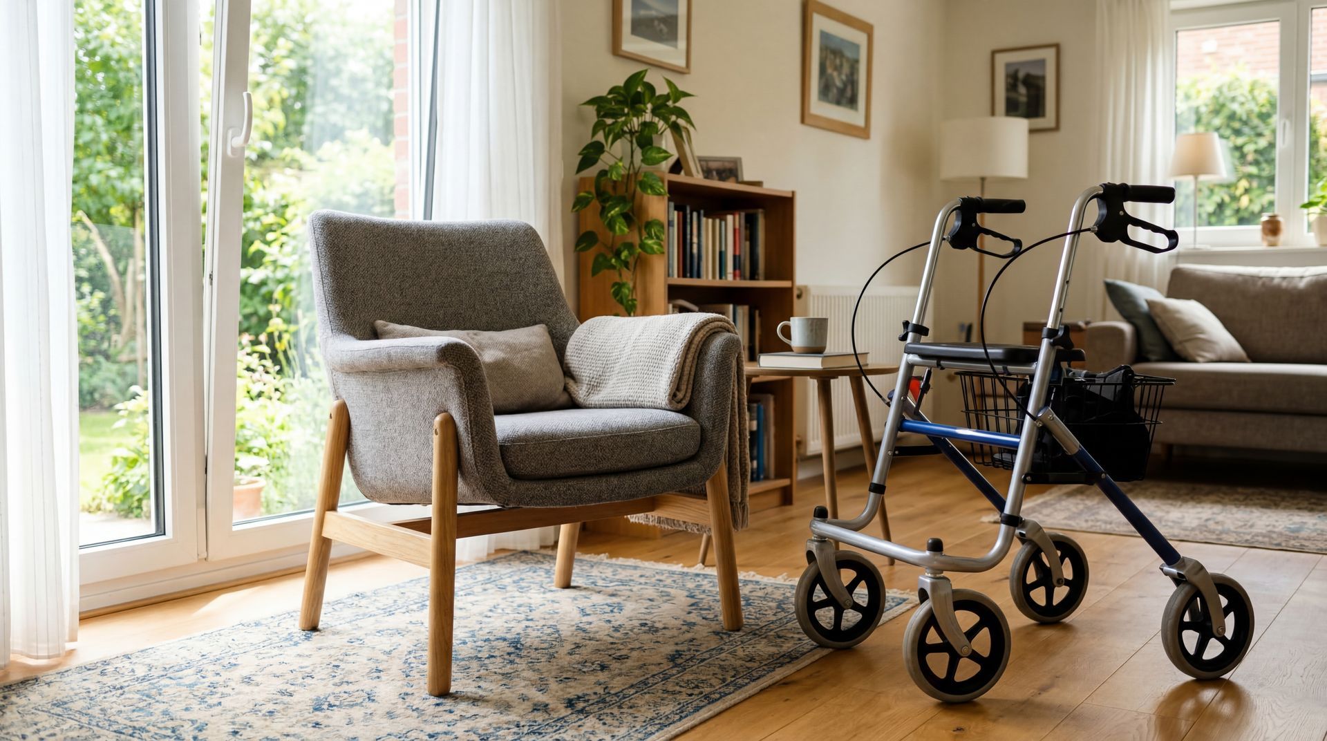 Salon avec fauteuil, déambulateur, canapé et grandes fenêtres sur un parquet