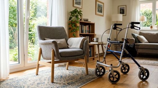 Salon avec fauteuil, déambulateur, canapé et grandes fenêtres sur un parquet