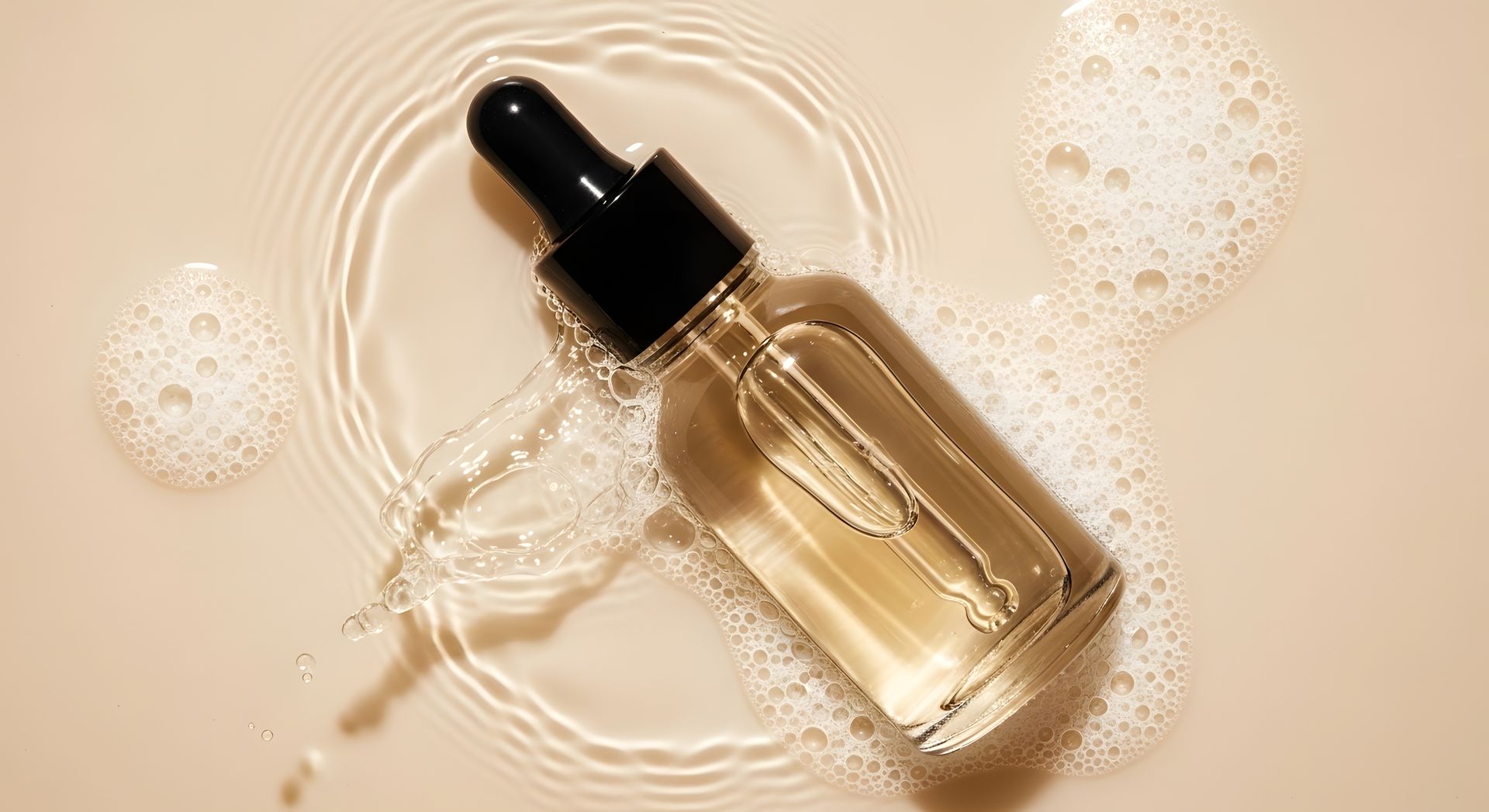 Flacon compte-gouttes en verre contenant un liquide doré sur une surface beige, entouré de gouttelettes scintillantes.