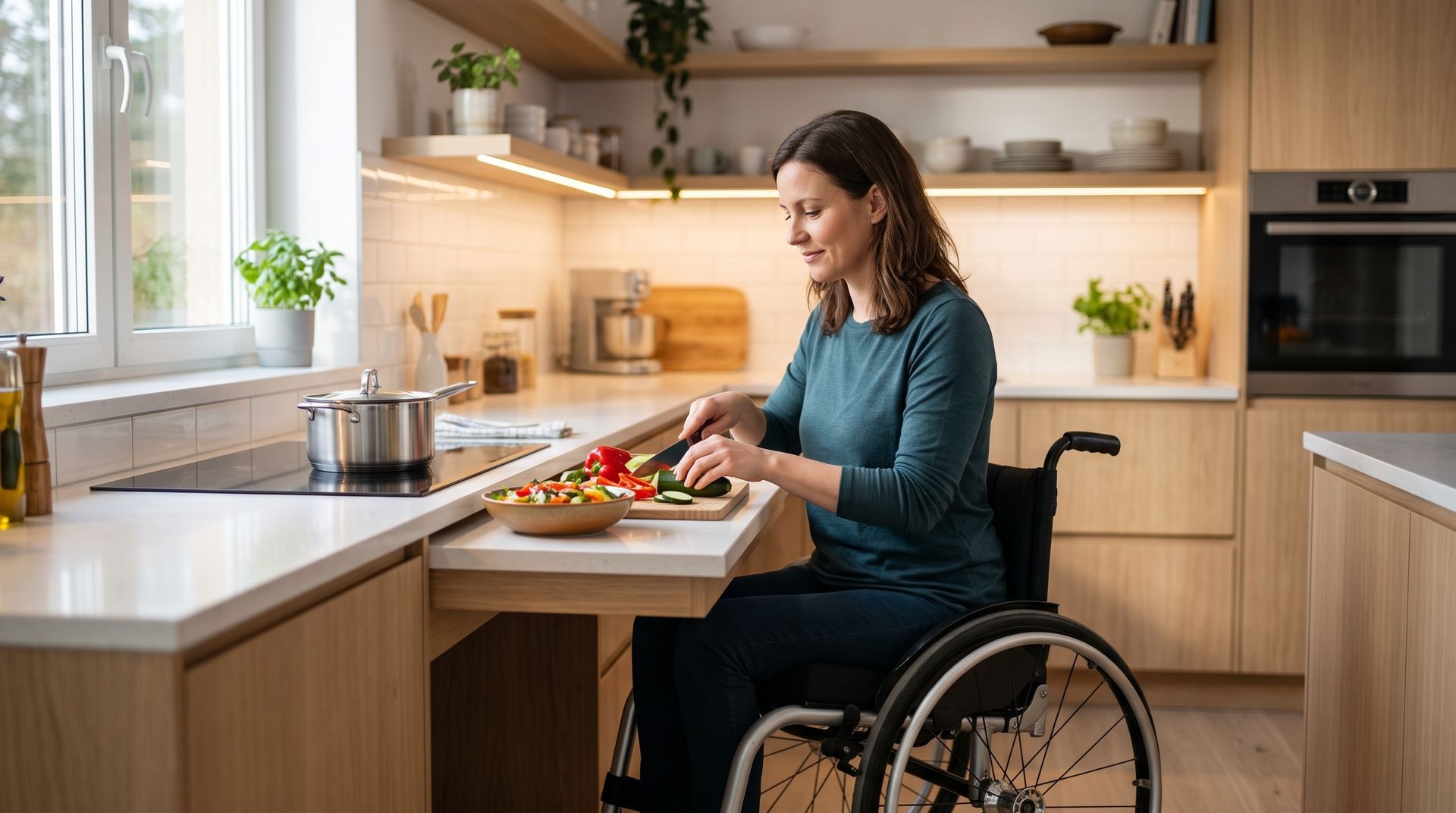 Une femme en fauteuil roulant coupe des légumes sur le comptoir d'une cuisine dans une maison moderne et lumineuse.