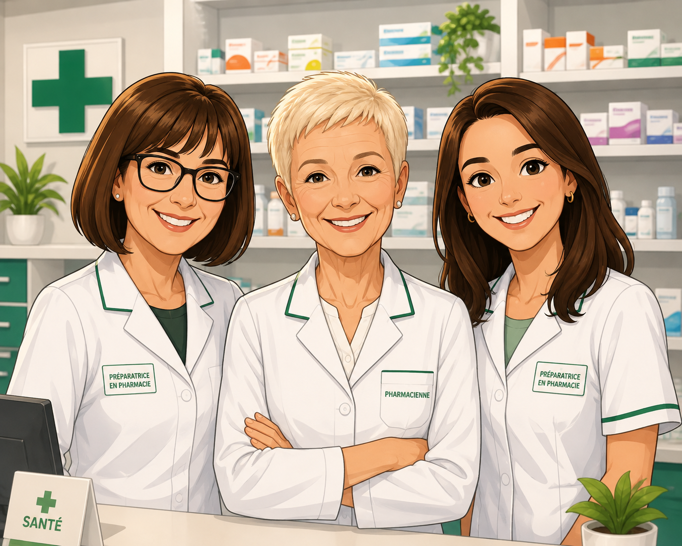 Trois pharmaciennes souriantes en blouse blanche se tiennent dans une pharmacie lumineuse avec des étagères et une enseigne en forme de croix verte.