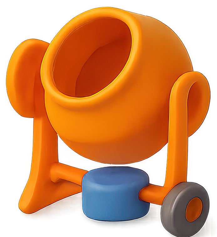 Tour de potier orange avec une base en argile bleue et une pédale grise sur fond blanc.