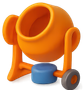 Tour de potier orange avec une base en argile bleue et une pédale grise sur fond blanc.