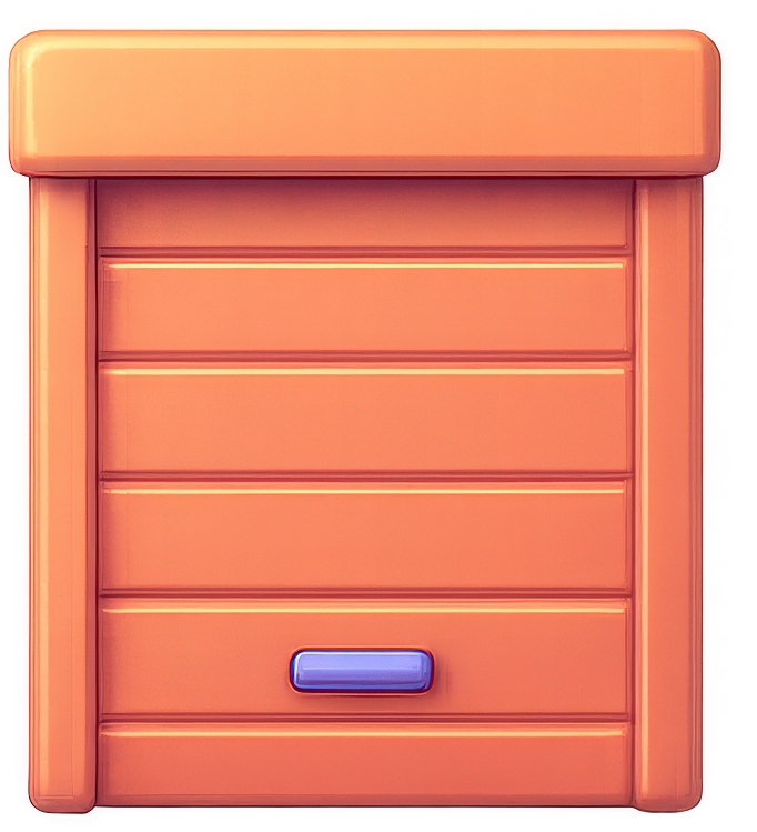 Porte de garage en bois orange avec une petite poignée violette.